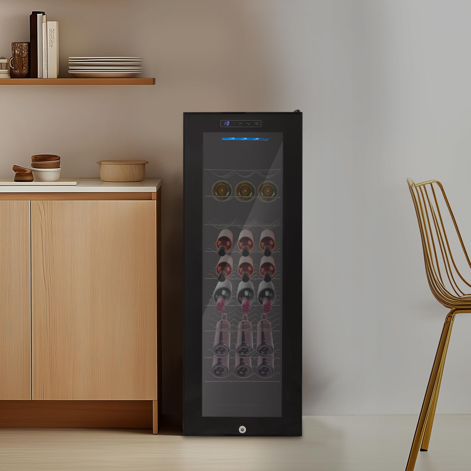 Frigorífico de vino independiente de 80 W, 30 botellas, 76 l, 12 – 18 °C, cristal templado, enfriamiento por aire, mango oculto, pantalla LED con cerradura, estantes ondulados para casa, bar