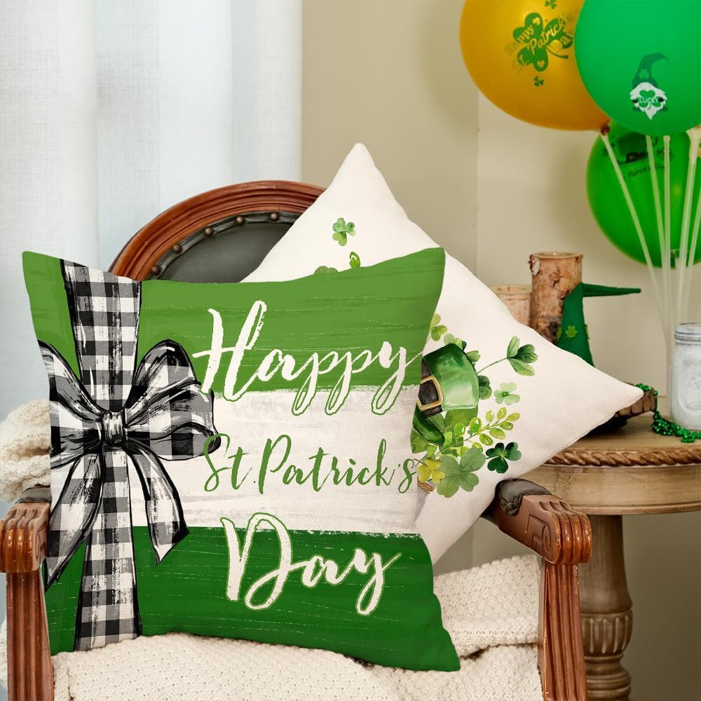 GEEORY St. Patrick's Day Pillow Covers 18 x 18 Inch Set of 4, Green Shamrock Heart Lucky Charm Buffalo Plaid Mason Jar Farmhouse Throw Pillowcases for Home Sofa Couch Cushion Decoration G439-18 - Image 3
