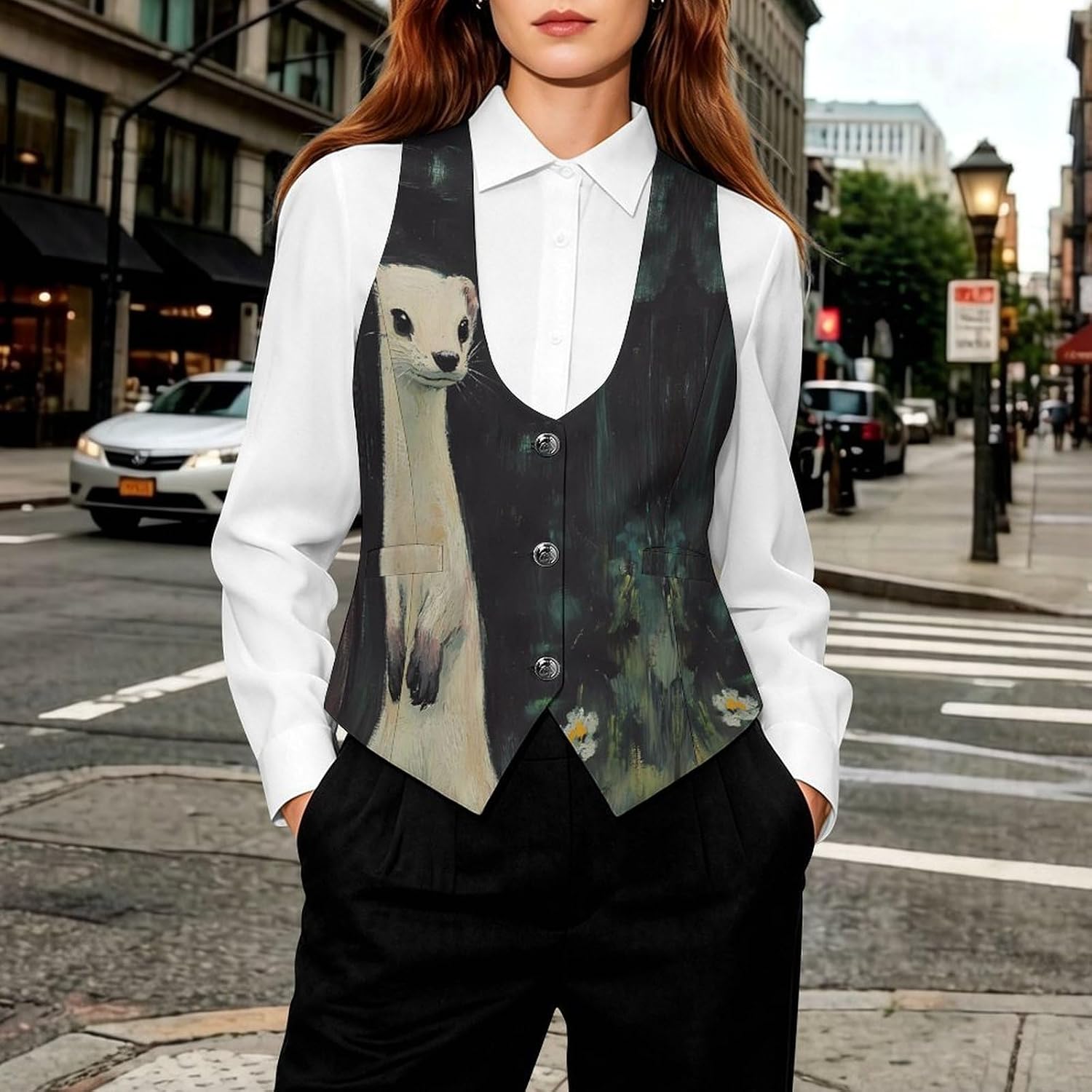 White Weasel Stoat Women's Tuxedo Waistcoat Suit Vest | 3 Button V-Neck Slim Fit Casual Sleeveless Top