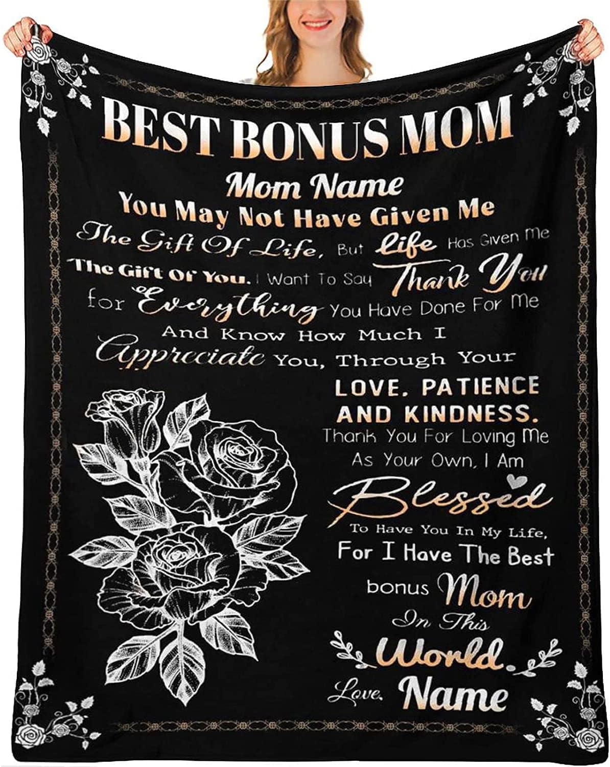 Personalized Best Bonus Mom Blanket, Happy Mother's Day Blanket, Best Gift for Step Mom, Meaningful Family Quote, Custom Name Stepmom Birthday Super Soft Flannel Warm Throw Blanket for Couch Bed