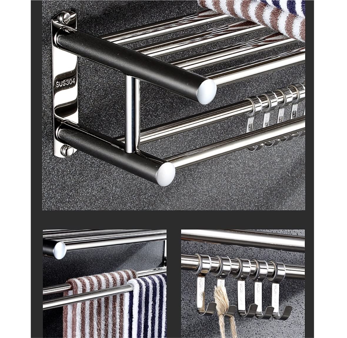 Rack Toallas Toallero De Acero Inoxidable con Gancho, Montado En La Pared, Doble, Estante Baño para El Hogar Accesorios De Baño(40cm)