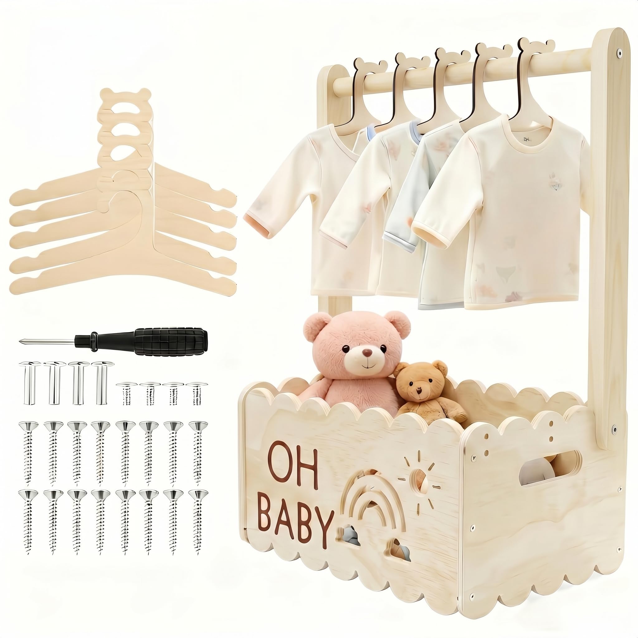 Pippuru Baby Shower Crate Closet with 5 Hangers Wooden Baby Basket with Handle Wooden Babies Storage Crate Hamper Decorative Babys Clothes Rack for Babys Shower Pregnancy New Parent Gifts