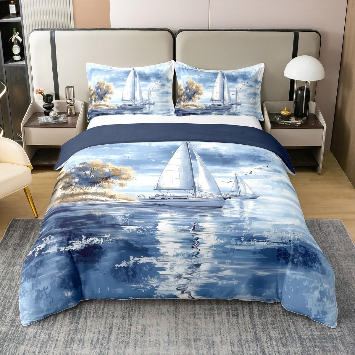 Sailboat 100% Natural Cotton Bedding Set King,Nautical Ocean Duvet Cover 3pcs,Kids Boys Girls Sea Adventure Comforter Cover,Ocean Themed Modern Quilt Cover,Not Comforter