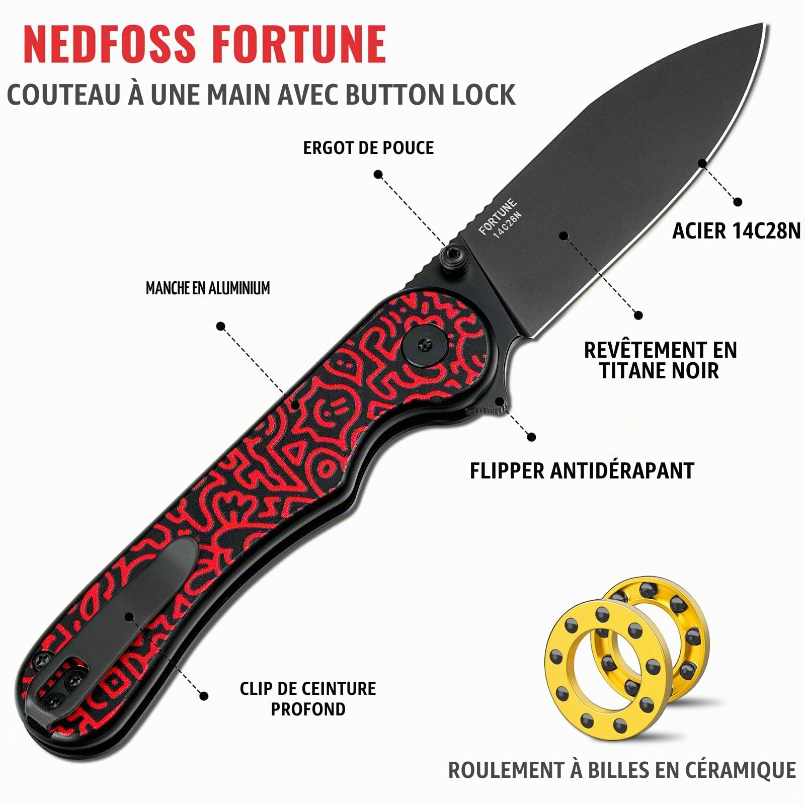 NedFoss FORTUNE couteau pliant, 14C28N acier couteau survie, Longueur lame 7.5 cm, revêtement titane bleu, manche g10 avec clip ceinture, mini couteau de poche