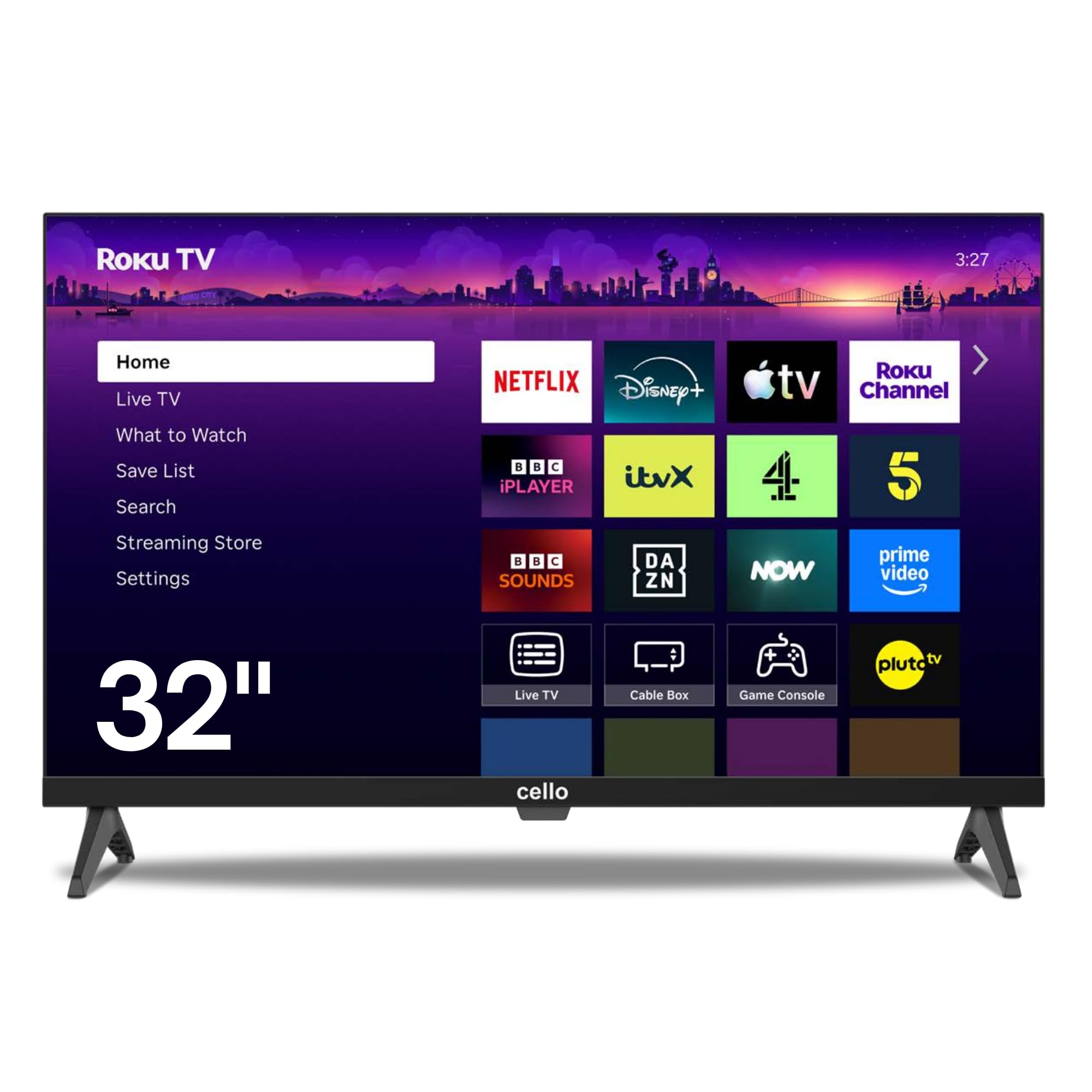 Cello TV HD Smart Roku C32RKH 32" con Freely, Freeview Play, Netflix, Disney+, Apple TV+, BBC iPlayer, ITVX, telecomando vocale, specchio del telefono, ideale per piccoli spazi