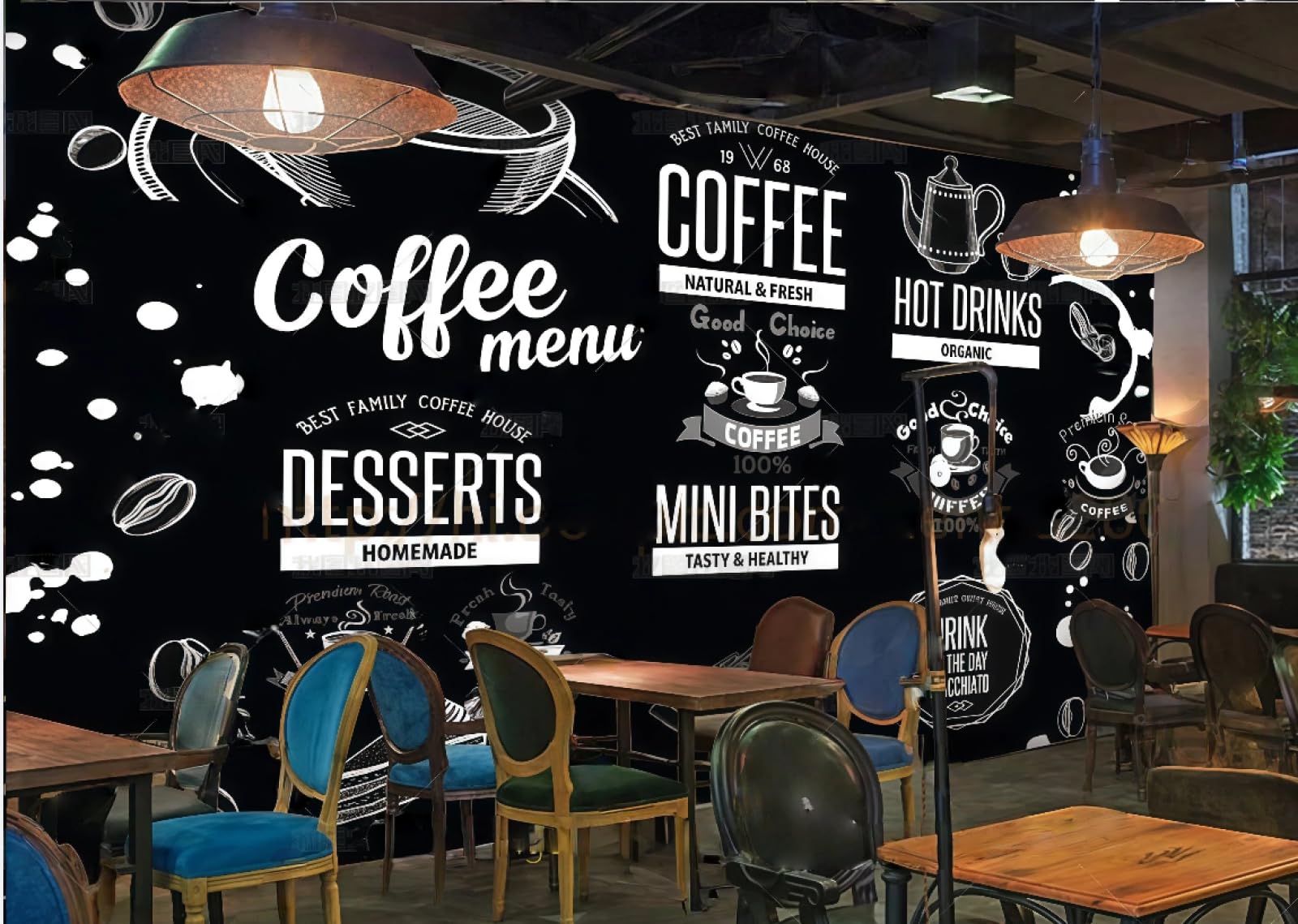rskjdghshd Wallpaper Retro Blackboard Chalk Painting Coffee Letters Dessert Shop Theme Western Restaurant Background Wall Mural Afternoon Tea Coffee Shop Wallpaper,3D,250x175cm
