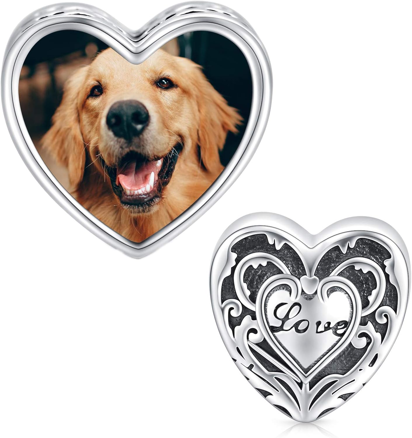 LONAGO 925 Sterling Silver Personalized Photo Charm Fit Compatible for Bracelet Necklace Customized Heart Round Shape Picture Bead