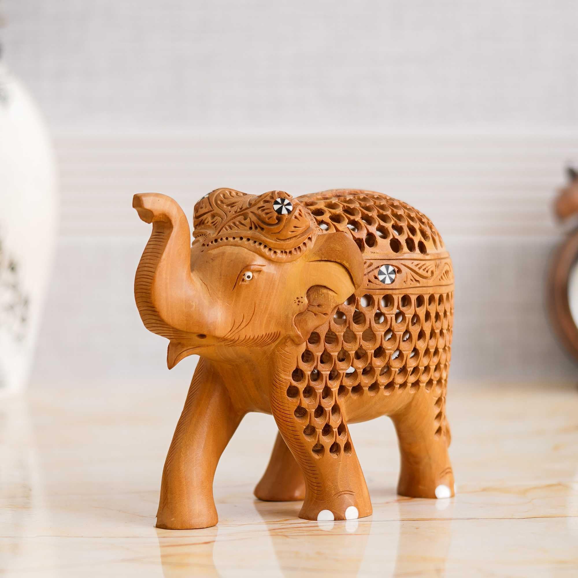 M.S.CRAFT IMPEX Rajasthani Tribal Handmade Brown '' Elephant '' Figured Wooden Statue Antique Design Elephant for Showpiece with Brown Colour-04