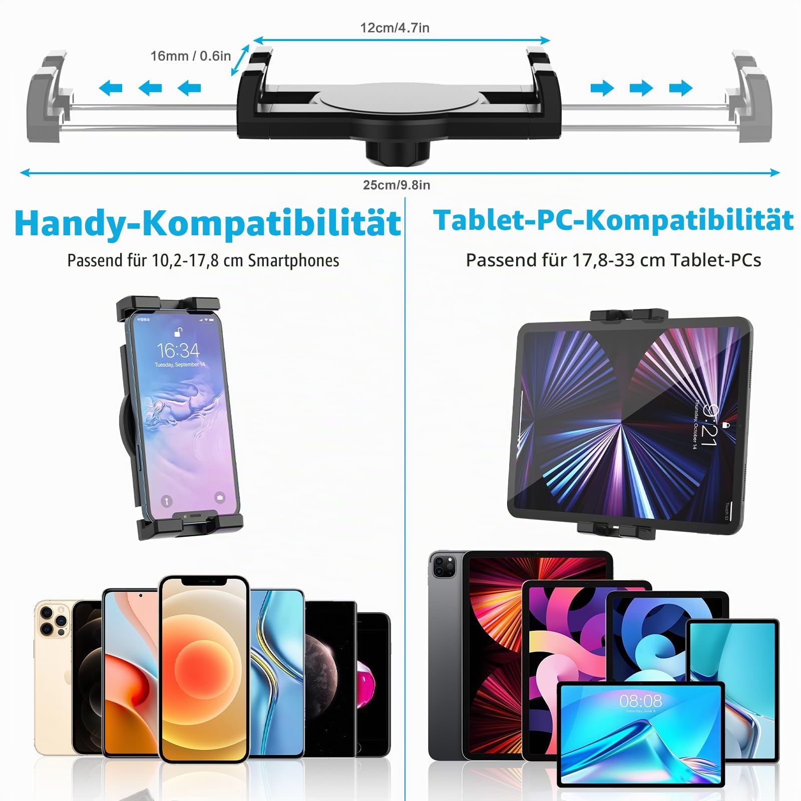 Oilcan Wand Tablet Halterung, Tablet Wandhalterung Metall Schwenkbar | [Verstellbarer Aluminium Arm] für Zimmer Küche Ladengeschäft für iPad Pro Air Mini, Galaxy Tab, Lenovo, Handy, 4-13"