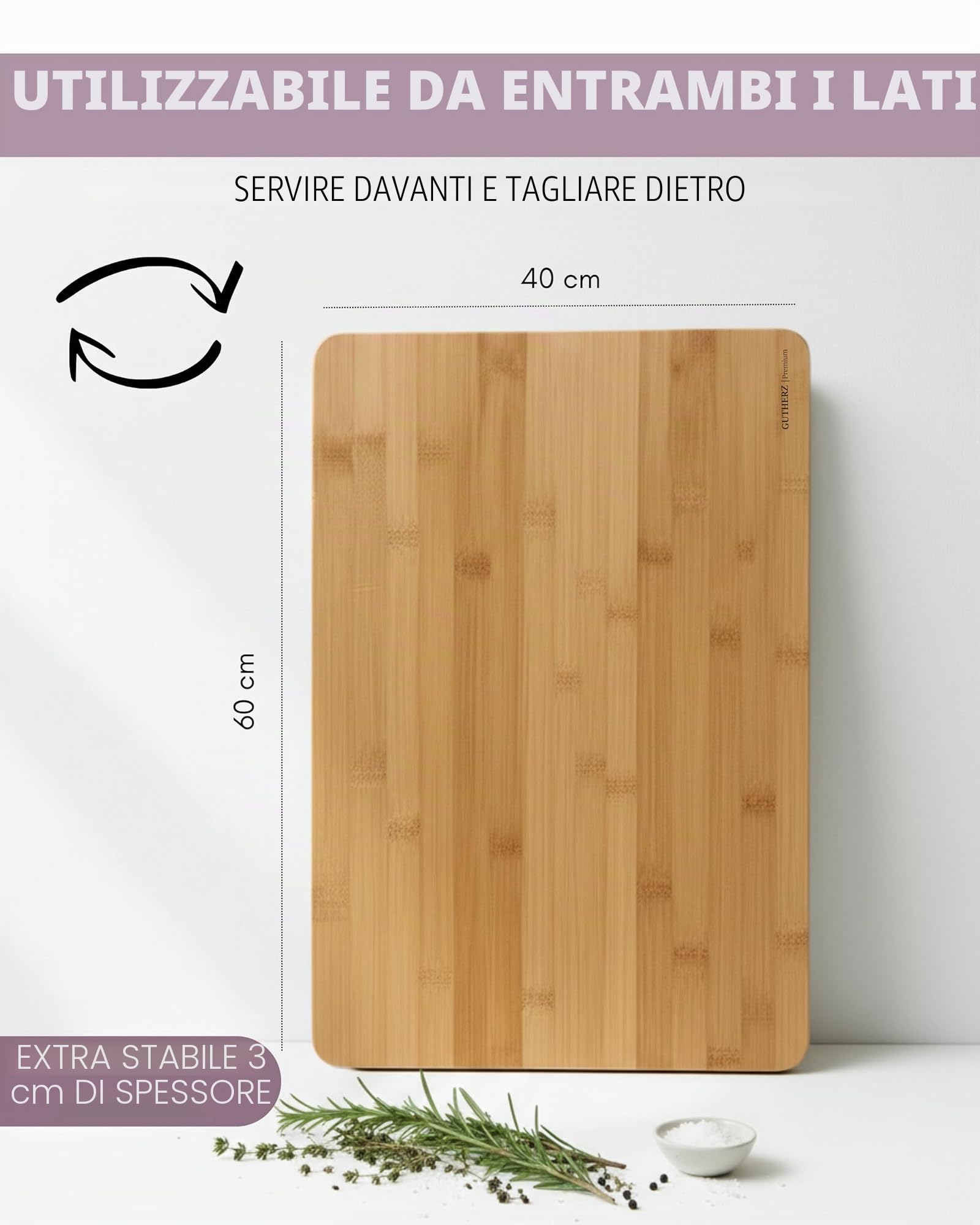 Tagliere in bambù | XXL – senza vernice o vernice | 60 x 40 x 3 cm | grande e naturale | reversibile | tavola in legno massello | durevole e delicato sui coltelli – antibatterico senza