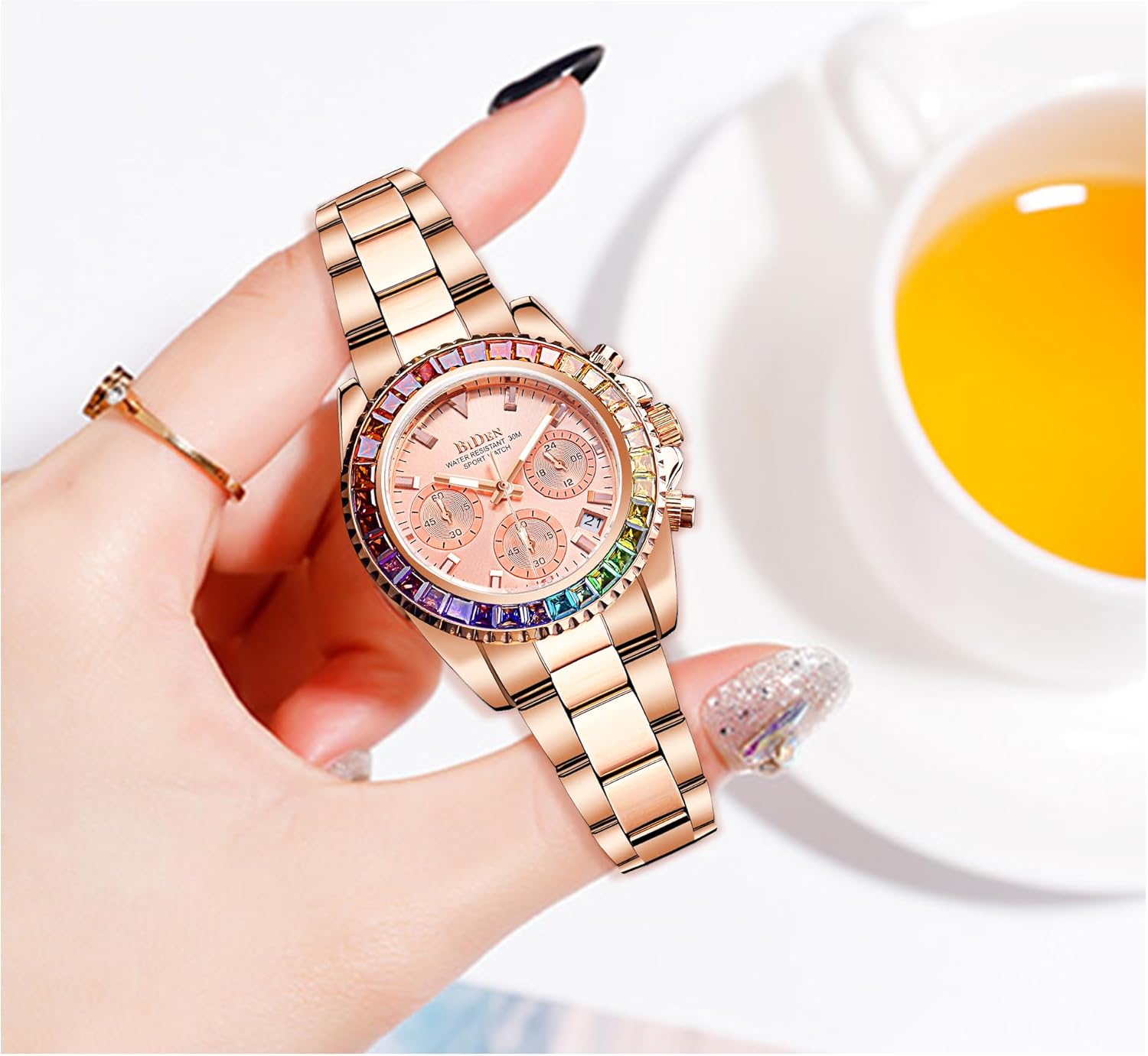 Women Colorful Diamond Watches Chronograph Rotatable Bezel Mineral Glass Luminous Watch Stainless Steel Waterproof Date Analog Quartz Watch Fashion Business Dress Wristwatch - Image 5