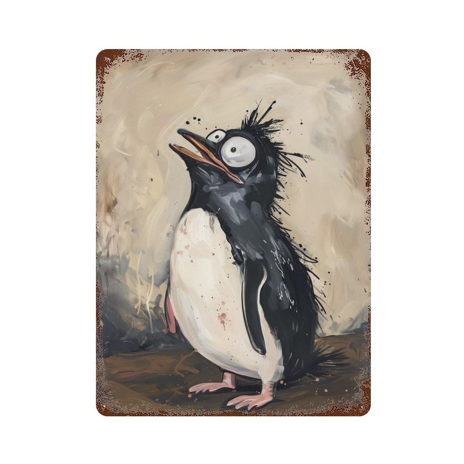 Rust Effect Confused Penguin Rusty Metal Tin Sign 15.7"x11.8", Old School Wall Decor for Pub, Kitchen And Man Cave Decor