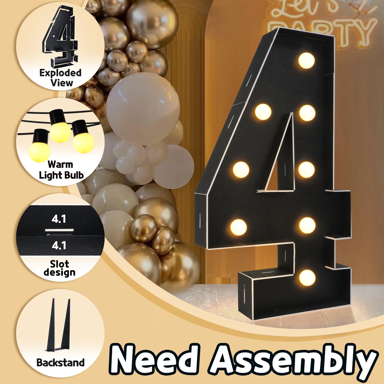 imprsv 3FT Black Marquee Light Up Numbers for 40th Birthday Decorations, Black Party Decorations, Anniversary Party Decor, Mosaic Number for Balloons Number 4, Pre-Cut Foam Board Kit