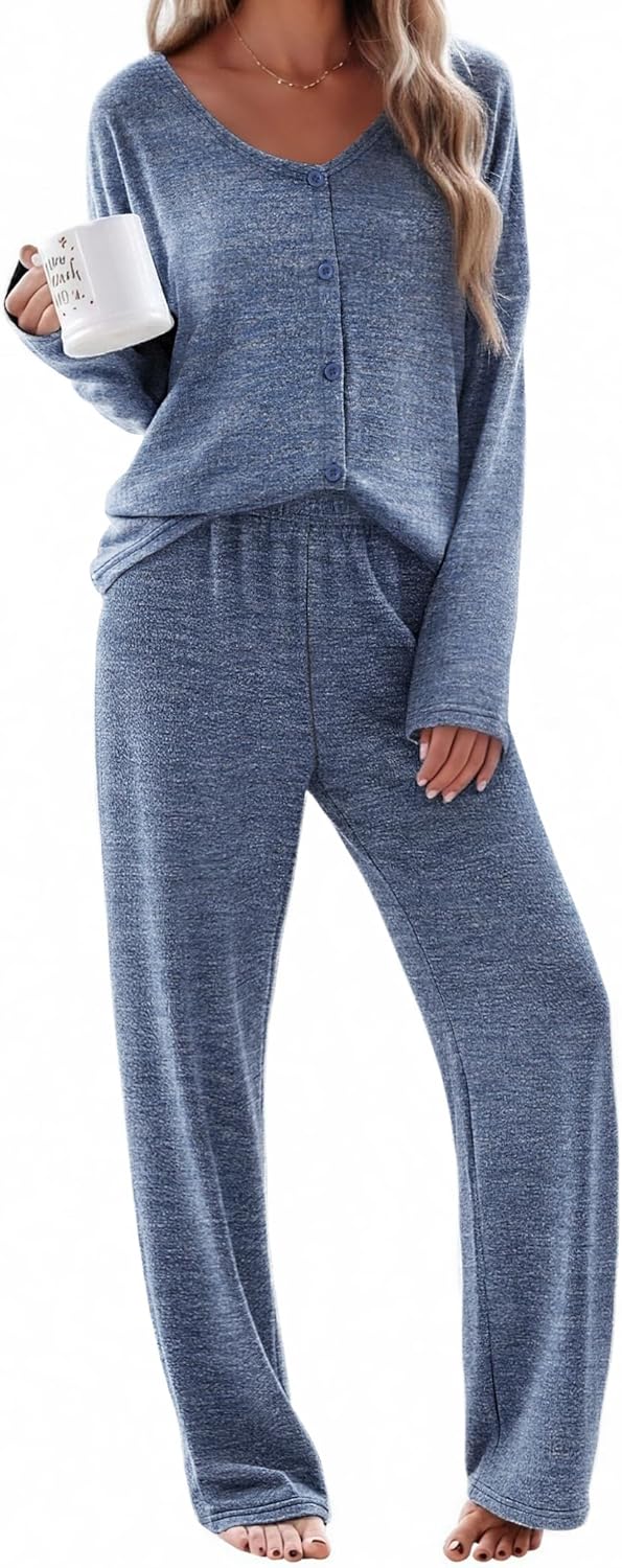 Ekouaer Womens Pajama Sets Button Up Long Sleeve Pjs Soft Lounge Set 2 Piece Sleepwear with Pockets