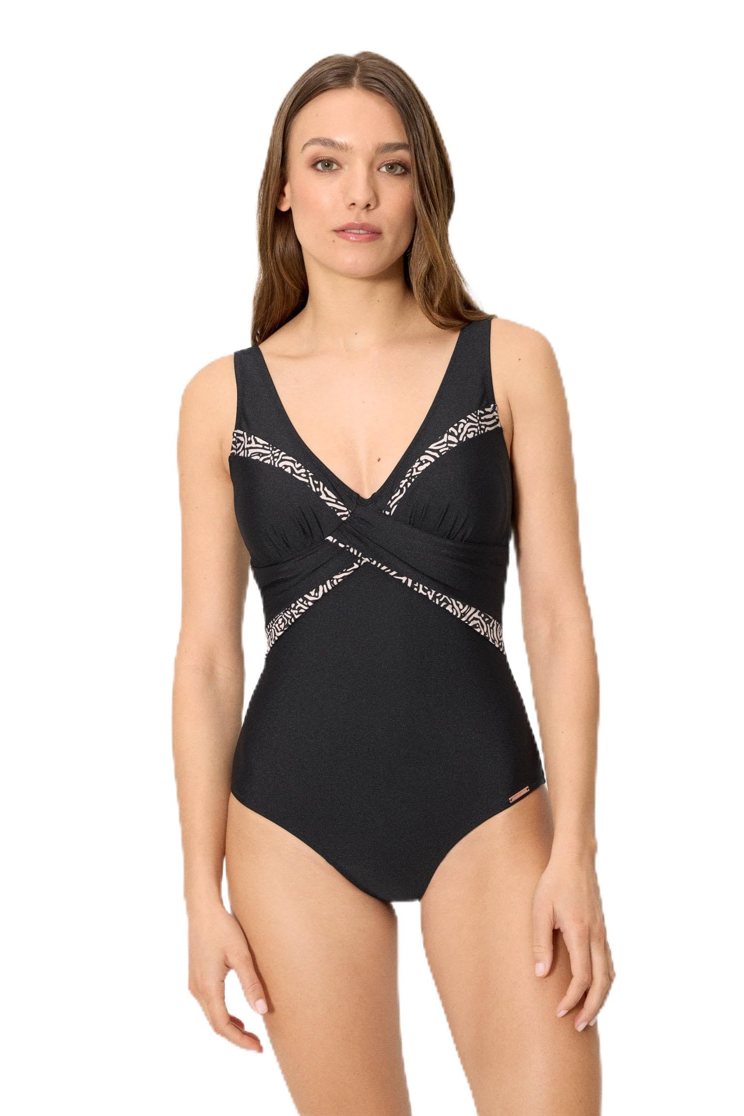 YSABEL MORA Bañador Reductor Estampado con Brillo Negro Copa B. Bañador Reductor con Compresión en Abdomen,Sin aro y con Relleno. Tirantes Regulables. Colección Coast.