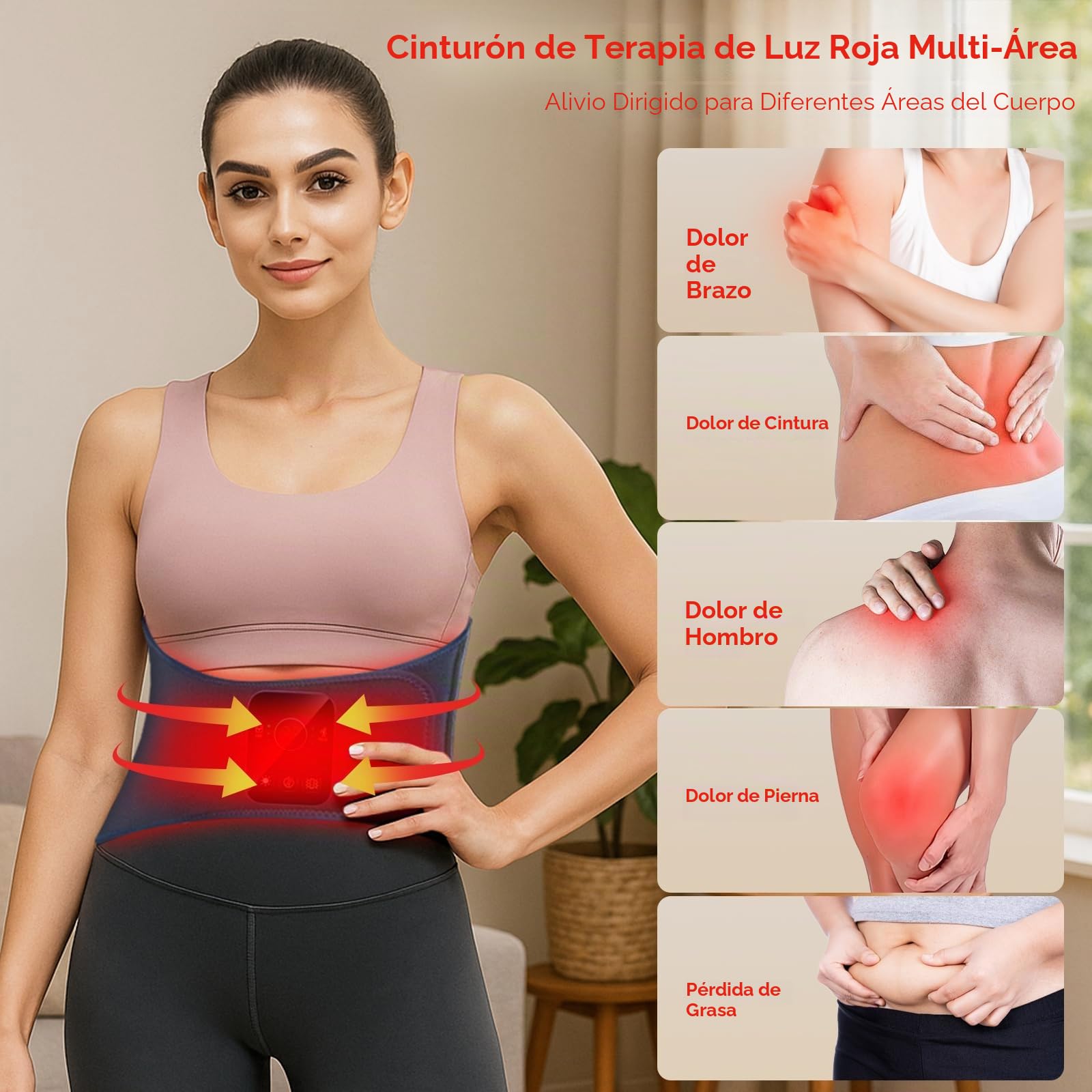 Cinturón de terapia de luz roja para espalda y abdomen, 5000 mAh inalámbrico infrarrojo con masaje de vibración de pulso/3 modos, alivio del dolor, relajación muscular y aumento de la circulación