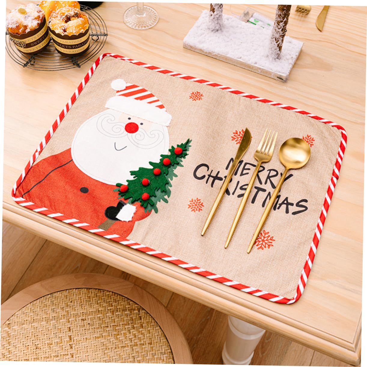 4 Piezas Decoración navideña manteles de Navidad manteles de Rayas Christmas Tablecloth Christmas Table Runner Posavasos navideños cojín de Copa de Fiesta Mantel de Rayas Tela Rojo TOPBATHY