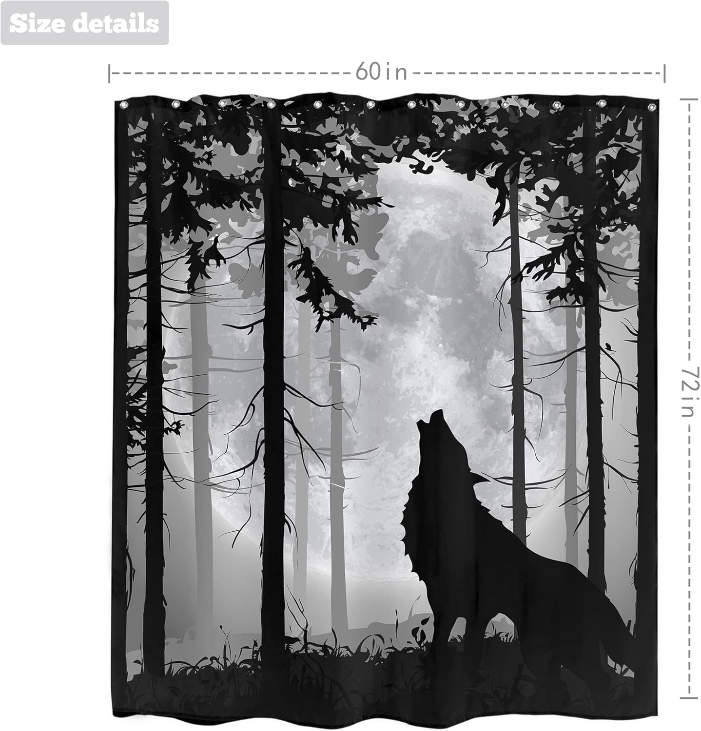 LIGHTINHOME Wolf Shower Curtain 60Wx72H Inches Rustic Dark Moon Trees Gothic Wildlife Animal Howling Wild Scenery Woodland Bathroom Decor Fabric Waterproof Polyester Home Decor Set with Hooks