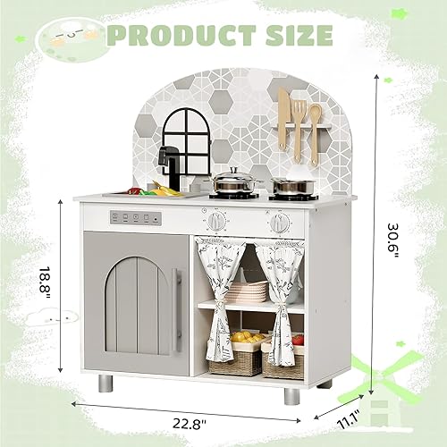 Miniatura 2 de Arlopu Juego de cocina para niños, juego interactivo de chef con gabinete con cortina, estufa con perillas de clic, grifo y fregadero, accesorios de