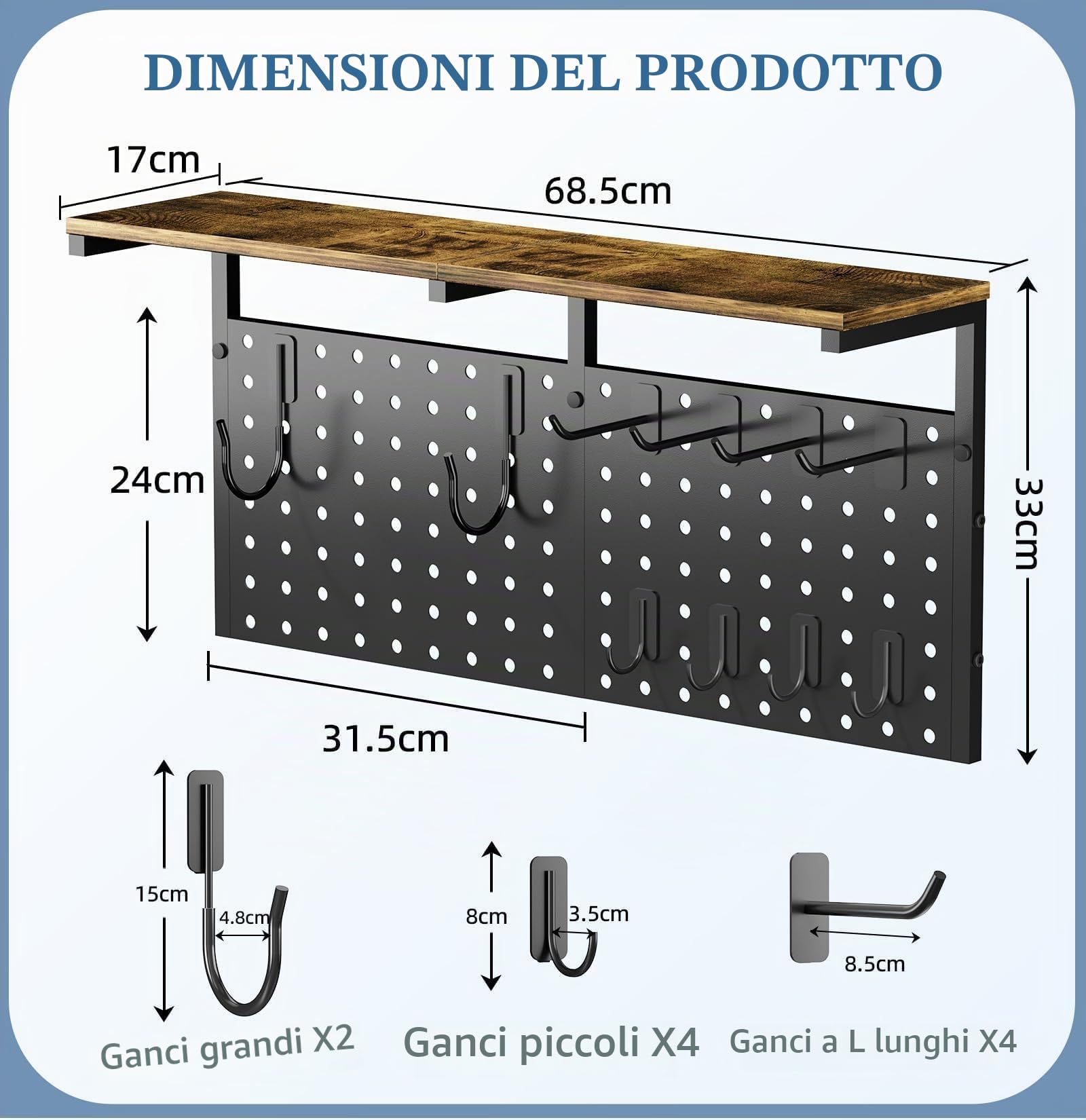 Porta Asse da Stiro da Muro, Supporto da Parete per Ferro da Stiro con Ripiano per Prodotti per la Pulizia, Supporto per Pannello Forato con Supporto per Ferro da Stiro e Ganci per Scope