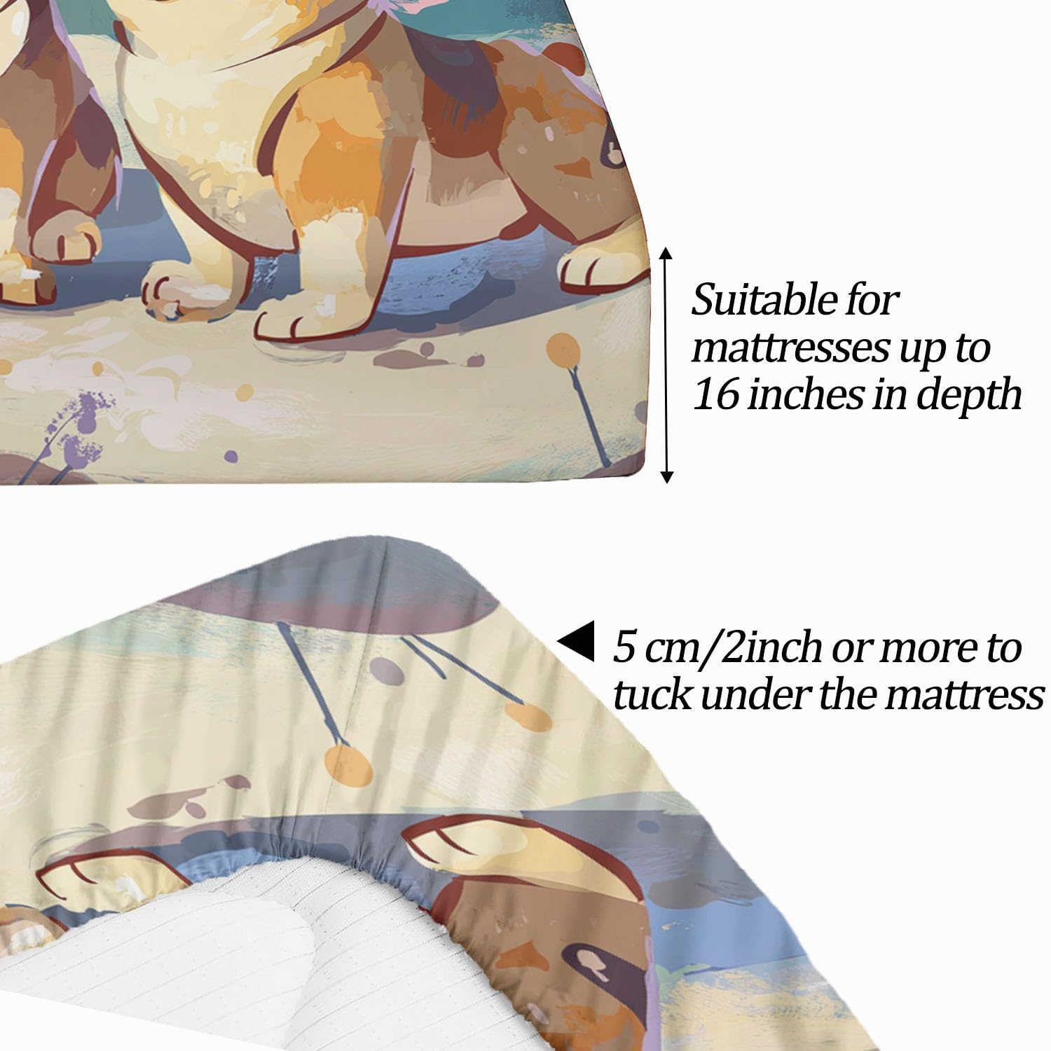 Niebieskie prześcieradło z gumką z mikrofibry, motyw Cartoon Corgi Burg, fajerwerki, z nadrukiem, ochraniacz na materac, wysokość boku do 30 cm (160 x 200 cm, 2 poszewki na poduszki)