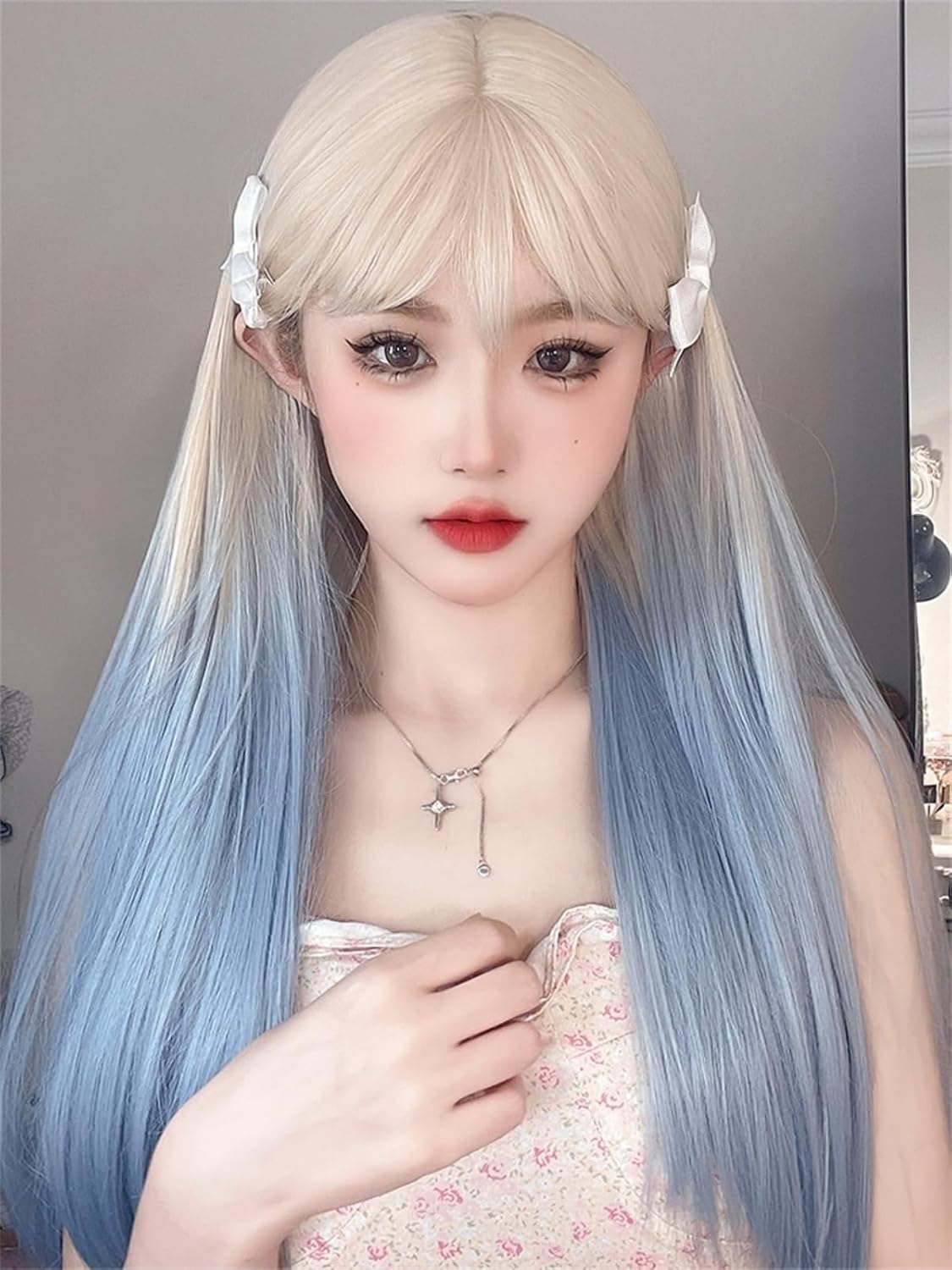 blonde to blue ombré hair 65cm Long Straight Wig for Women East Asian Fashion Inspired Natural Look Heat Resistant Fiber Wig Perfect for Harajuku,K-pop,y2k,china fashion,idol,Daily Styling