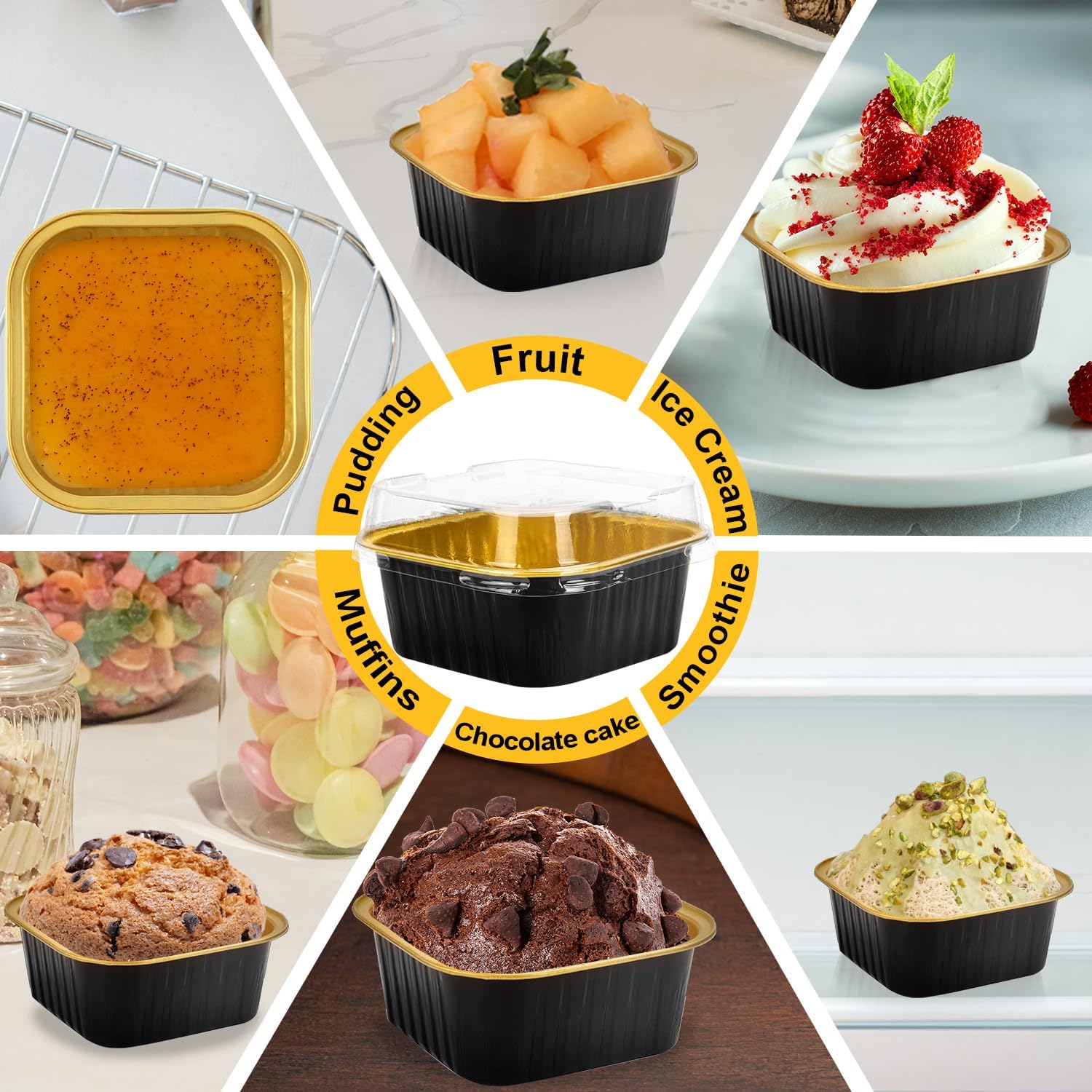 100 Pcs Black Square Aluminum Foil Baking Cups with Lids and Sporks, 5oz Disposable Cupcake Liners, Mini Cake Pans for Party Wedding Birthday - Image 3