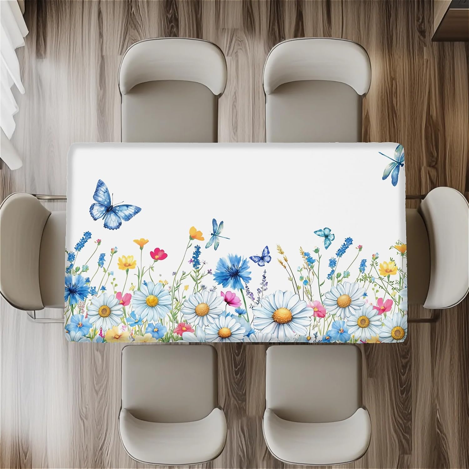 artslion Rectangle Waterproof Tablecloths Elastic Edge for Secure Fit-30 x 72 inch Wipeable Table Cover Non-PVC Fabric Blue butterfly chamomile Designs Indoor Outdoor Use - Image 4
