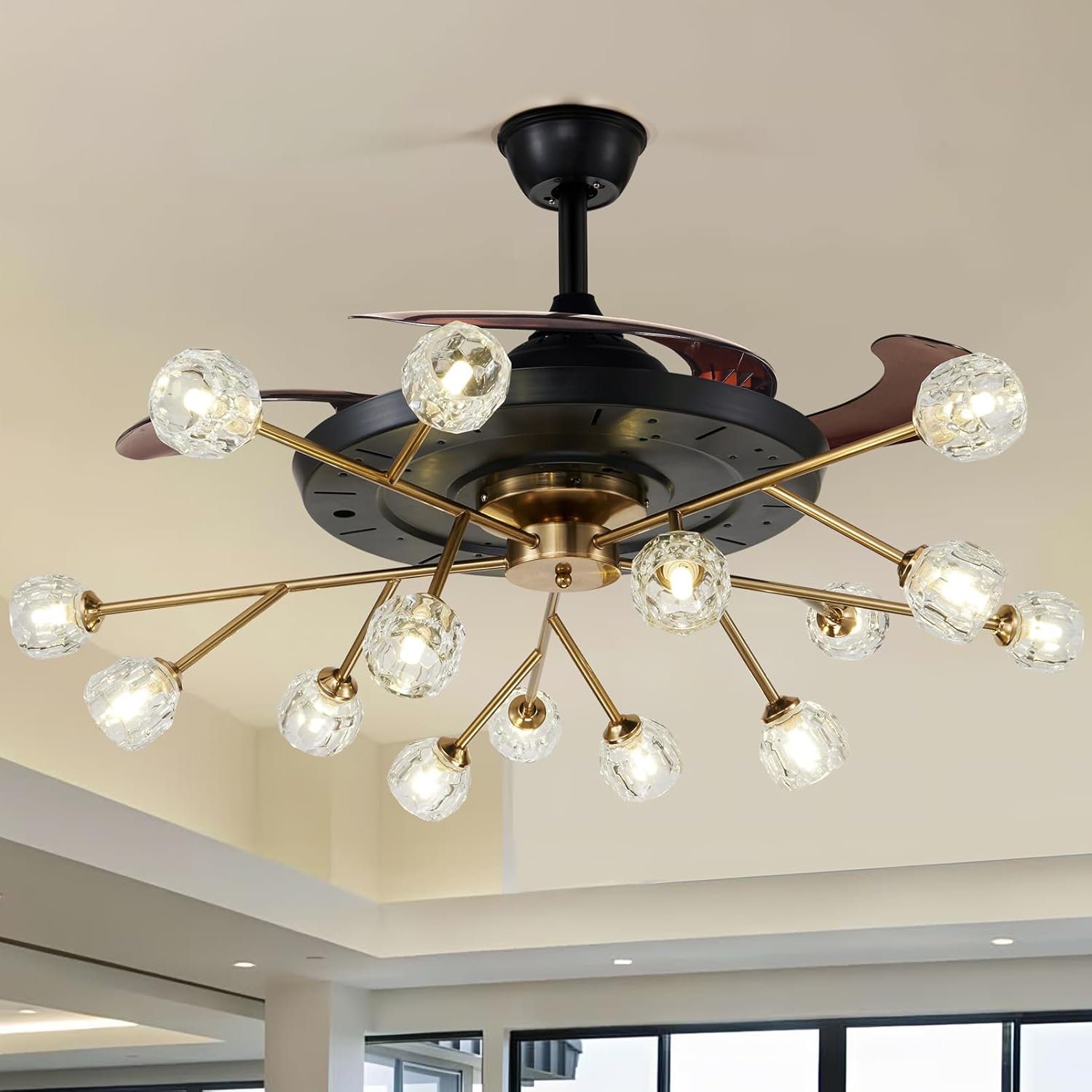 MORE CHANGE 42" Modern Retractable Chandelier Ceiling Fan and Remote, Elegant Black 15-Light Fandelier Ceiling Fan with Reversible Blades 6 Speeds Silent Motor for Living Dinning Room
