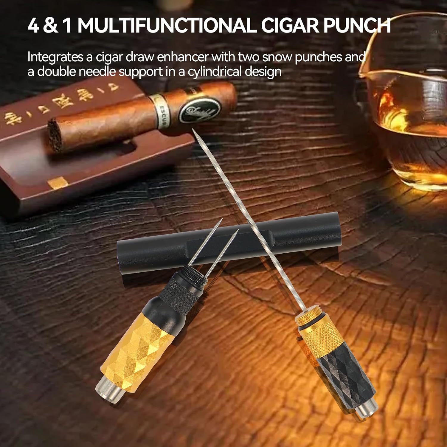 Cigar Punch Cigar Draw Enhancer and Cigar Nubber 4 in 1（Black Gold） | The Cigar Punch for all Cigars is a Practical and Essential Cigar Accessories for Cigar Lovers Great Gift for a Man