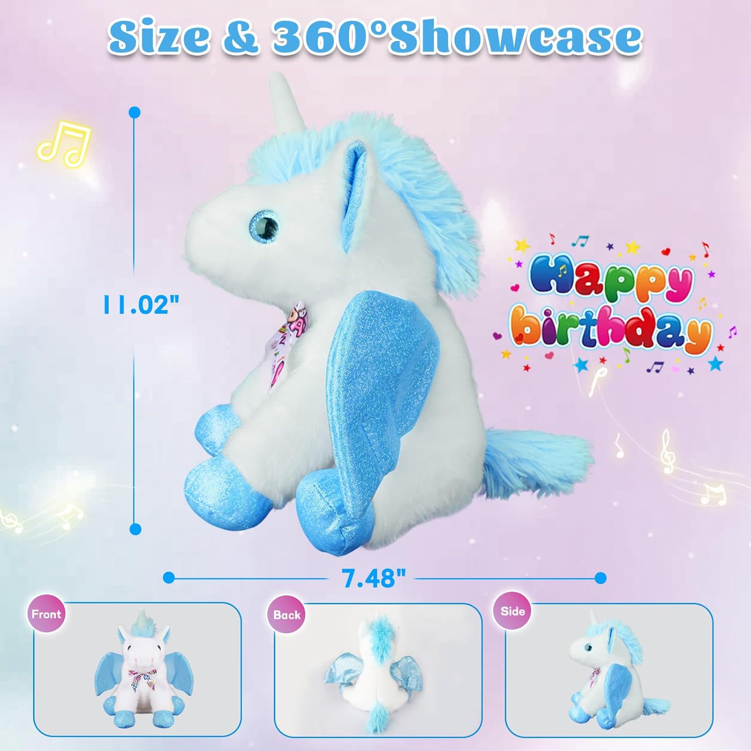 Singing Dancing Unicorn Stuffed Animail With Moving Wings,Happy Birthday Gifts Unicorn Plush Toy The Cormers Glowing Singing Happy Birthday Song,Party Gift for Toddlers Boys Girls Kids, 11" Blue