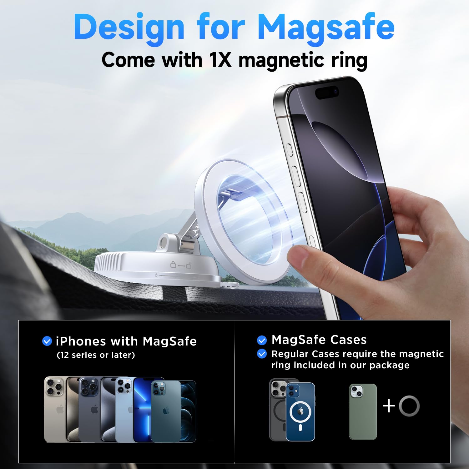 ANDERY Car Phone Holder for Magsafe [78+LBS Strongest Suction & 2400gf Strongest Magnetic] 360° Adjustable Car Phone Mount, Phone Holders for Your Car for iPhone 17-12 Pro Max Air Plus ((White) view 6