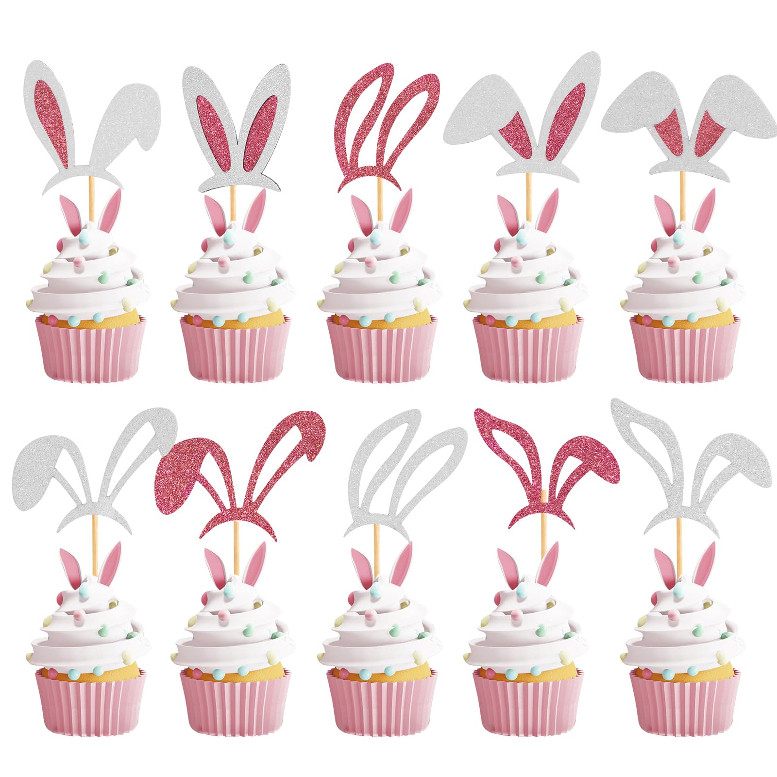 60 Pcs Easter Cupcake Toppers,Easter Bunny Ear Cupcake Toppers Easter Rabbit Cake Toppers Glitter Easter Day Cake Toppers for Easter Spring Party Supplies,Bunny Ear