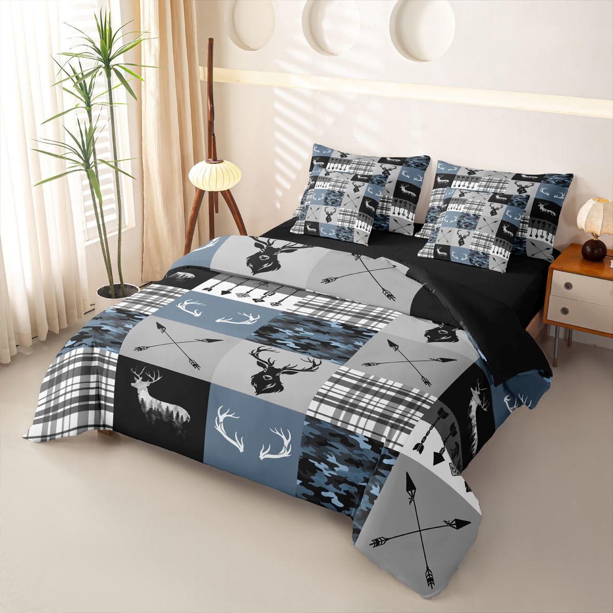 Loussiesd Juego de funda de edredón con diseño de ciervo de camuflaje azul, tamaño doble, 7 piezas, ropa de cama para niños y niñas, con funda de edredón, sábanas, fundas de almohada, fundas de cojín