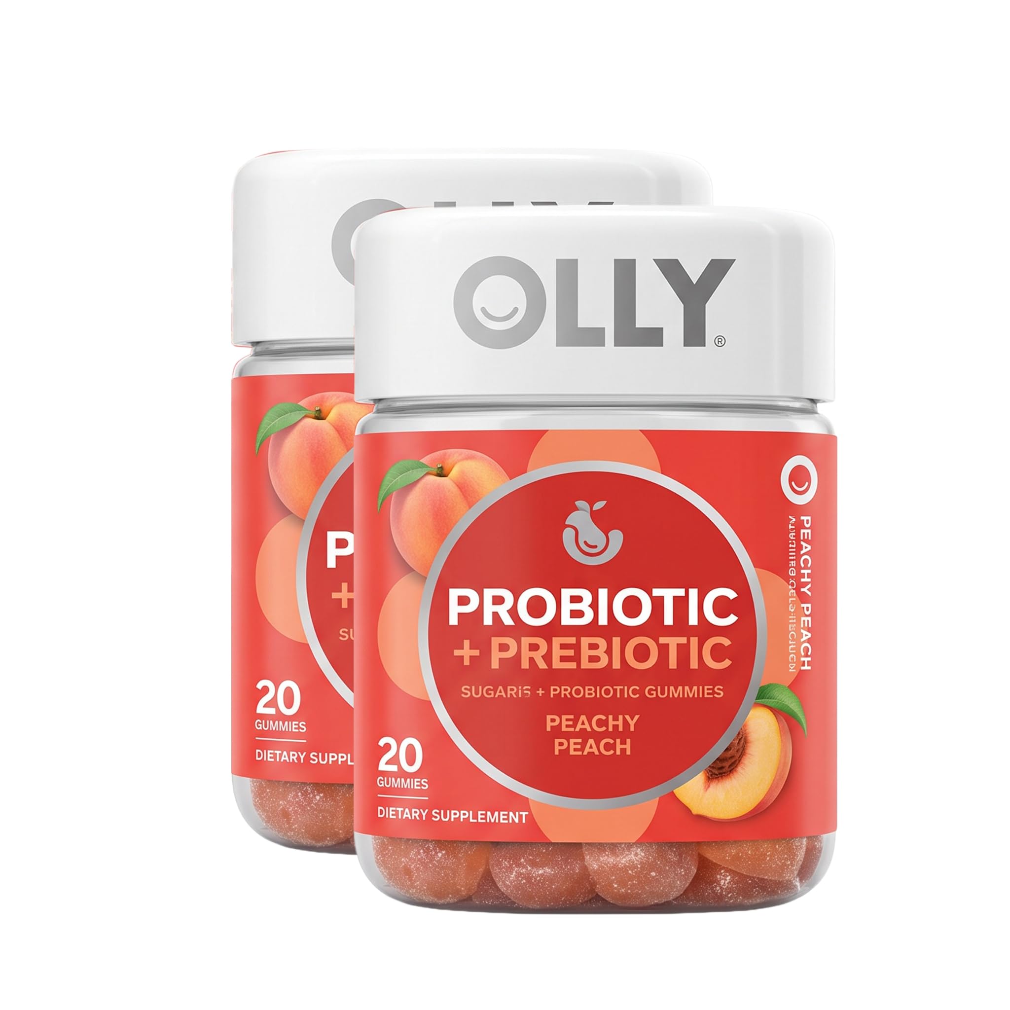 OLLY Probiotic + Prebiotic Gummy,Digestive Support and Gut Health,500 Million CFUs,Fiber,Adult Chewable Supplement for Men and Women,Peach,60 Day Supply -,60 Count (Pack of 2)