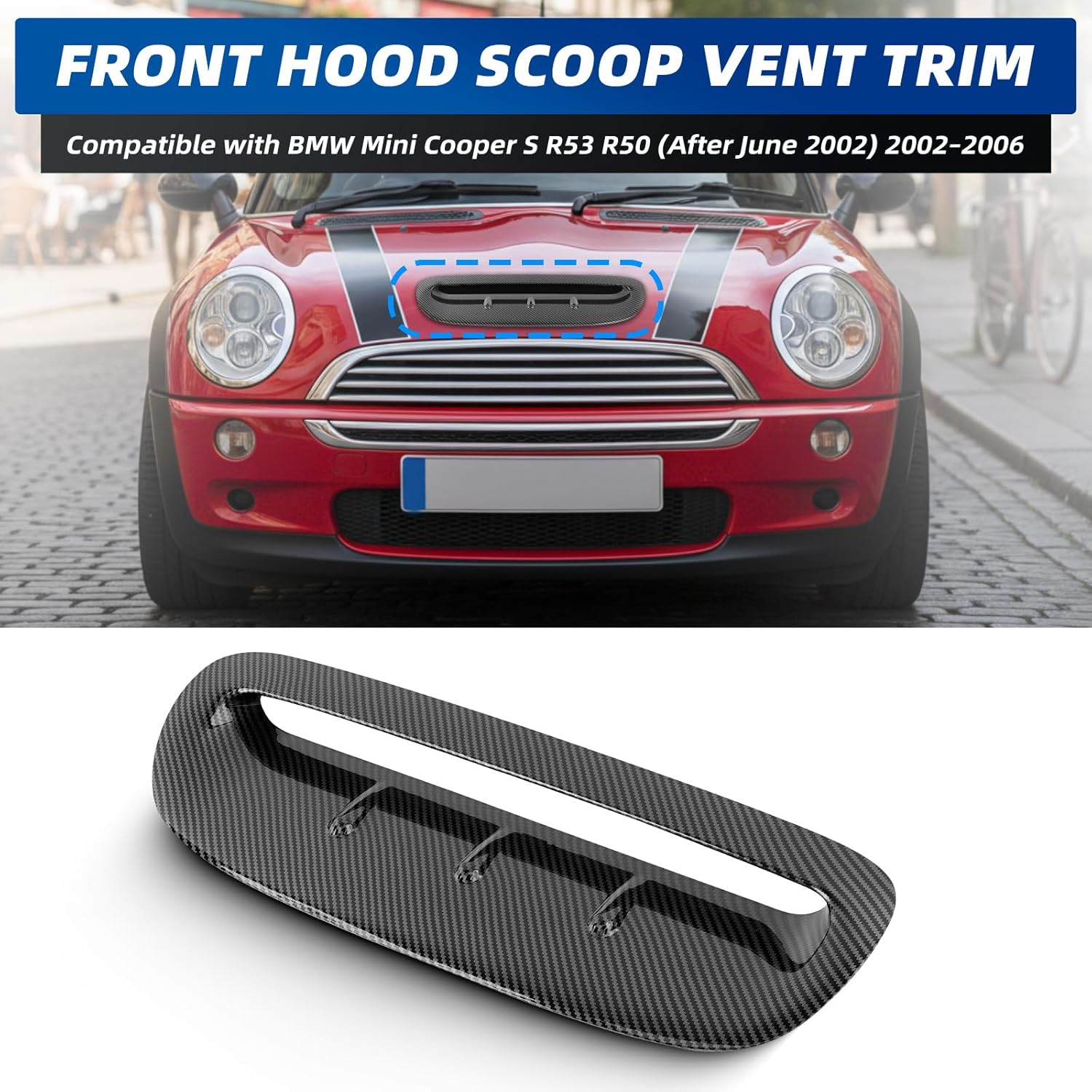 Riloer Front Hood Scoop Vent Trim Compatible with BMW Mini Cooper S R53 R50 (After June 2002) 2002–2006, Hood Vent Scoop Kit, Hood Scoop for Cars 1PC (Carbon Fiber Look Finish)