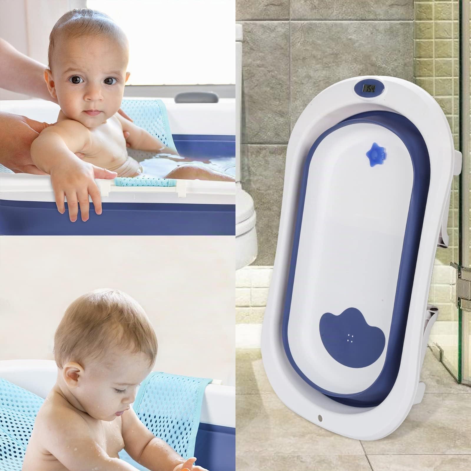 Baby Badewanne - Faltbar, Klappbar mit Thermometer und Badematte - Rutschfeste Babybadewanne für Neugeborene 0-6 Jahre, Blau