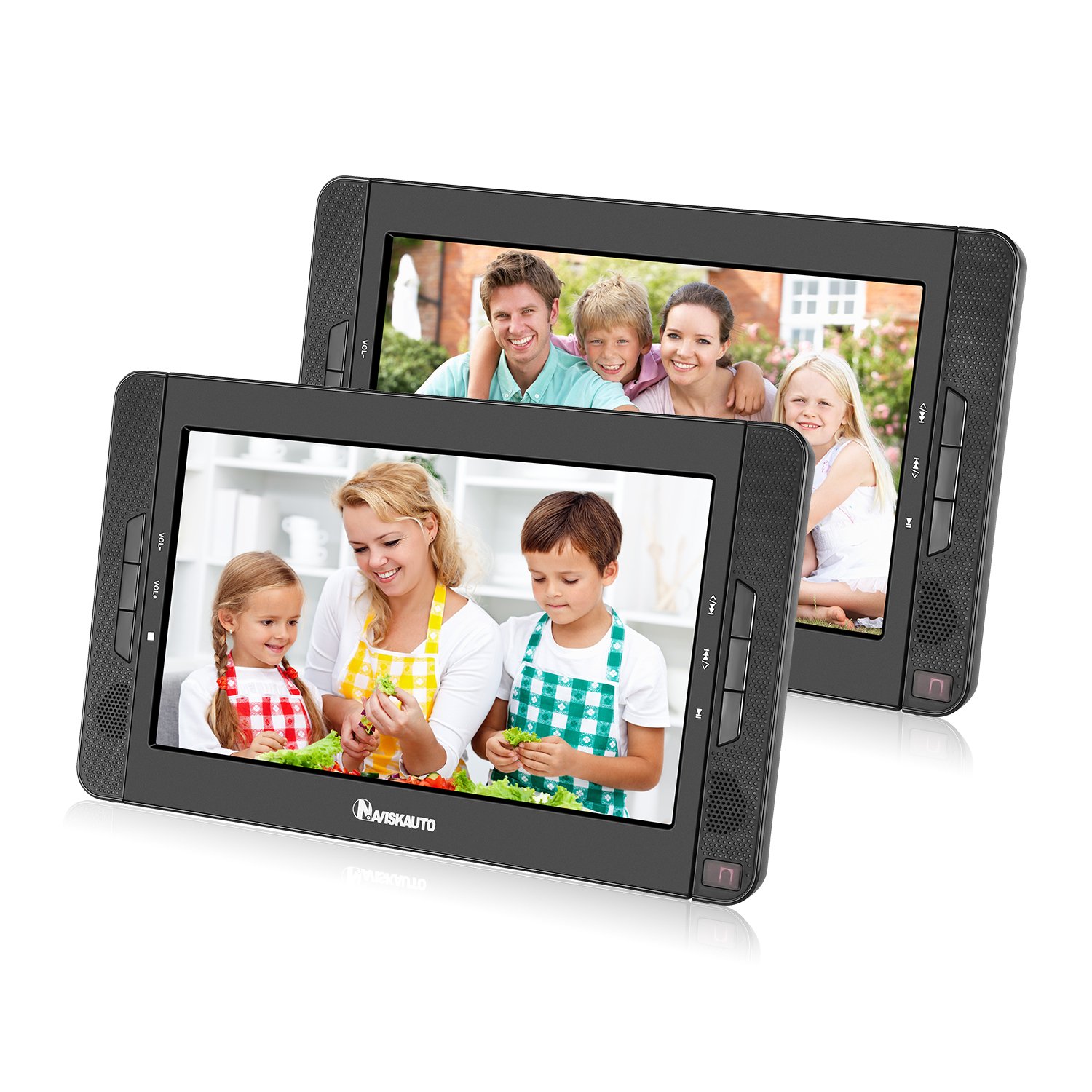 NAVISKAUTO 10,1" DVD Player für Auto Tragbarer DVD Player 1080P HD TFT Bildschirm FM Kopfstütze Monitor Memory HDMI SD USB mit IR Kopfhörer 12V (Doppel Player)
