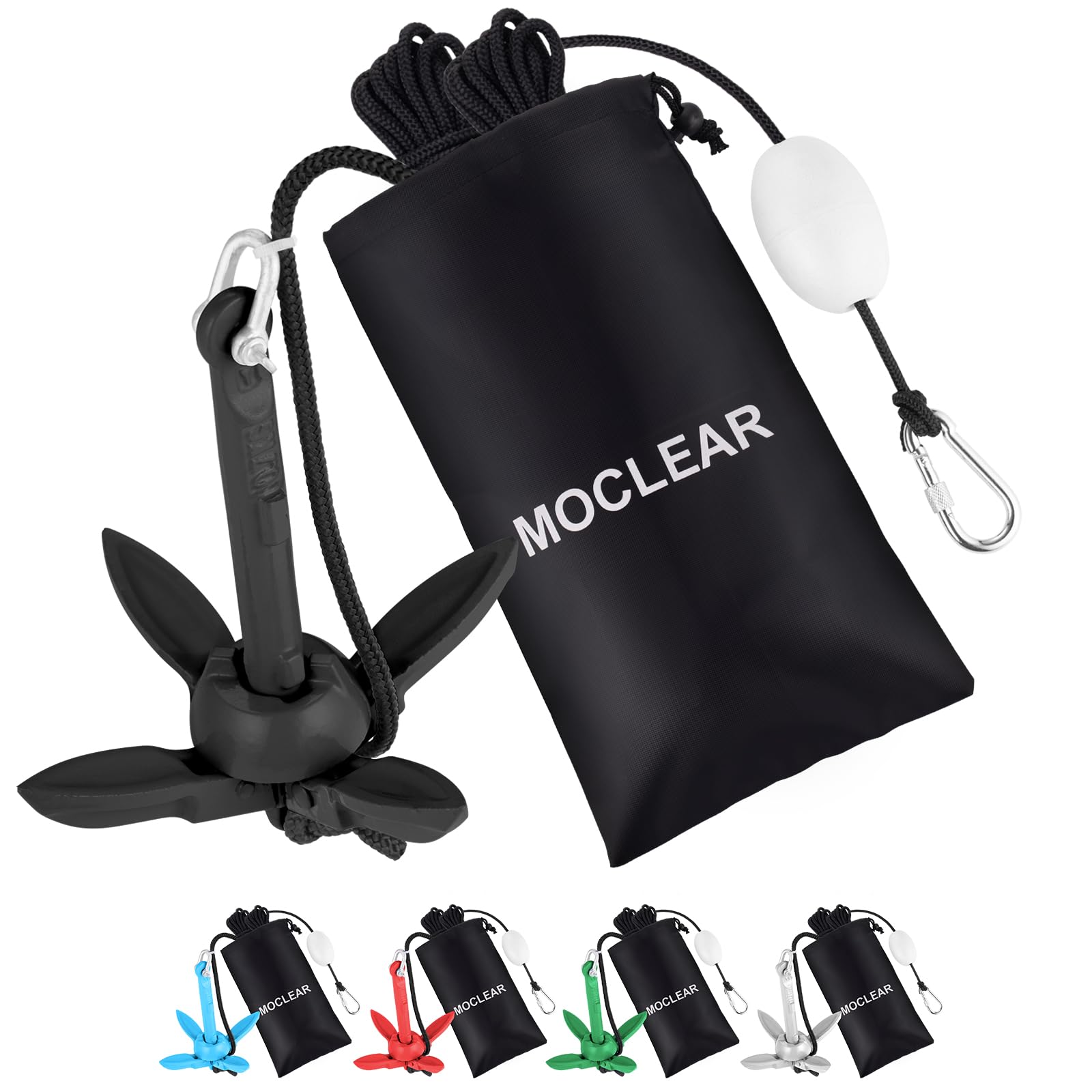 Moclear Kayak Anchor Kit, 1.5 lb Compact Folding Grapnel Anchor for Kayaks, Canoes, SUPs, Jet Skis, Small Boats - Lightweight Portable Marine Boat Anchor with Rust-Resistant Design (Black)