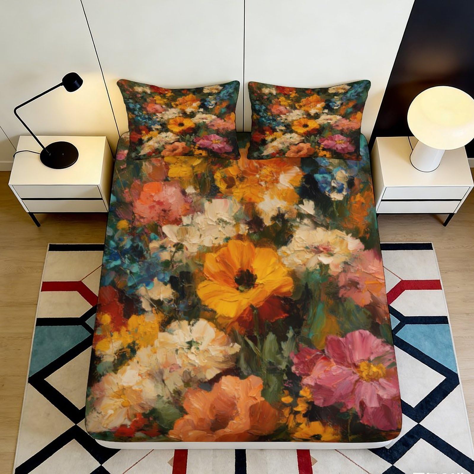 Dhbaneiok Style-1 3D Printed Vintage Floral Fitted Sheet Microfiber Soft Artistic Watercolor Flower Bed Cover For Bedroom Guest Room Decor 90X200x25cm