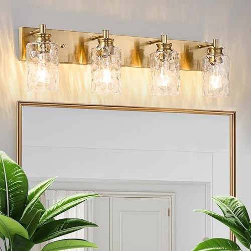 Miniatura 1 de Lámpara de tocador de baño de 4 luces, moderna lámpara de baño dorada cepillada sobre espejo con pantalla de vidrio martillado para cocina y pasillo