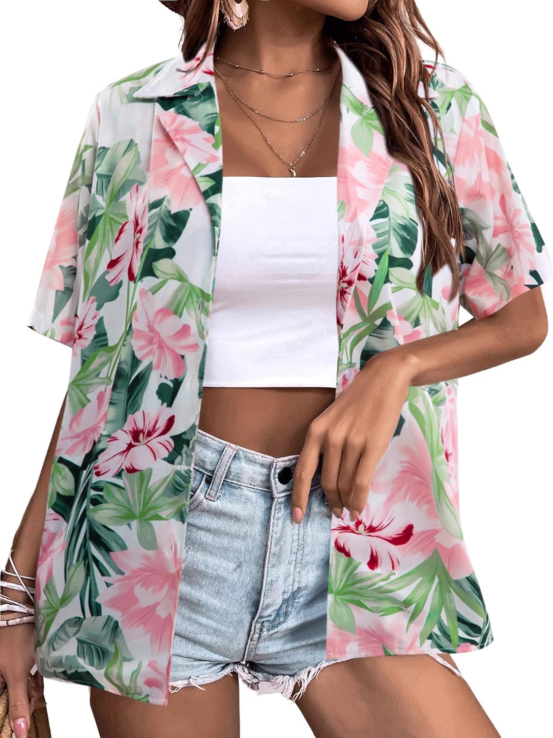 Women Hawaii Shirts: Soft Cool Floral Tropic Print V Neck Summer Tops Short Sleeve Button Up Tops T-Shirt - Image 8