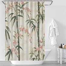 Bamboo Peach Blossom Shower Curtain, Green Plant Botanical Bathroom Decor Washable Shower Curtain Set with Hooks, 36x72 inch