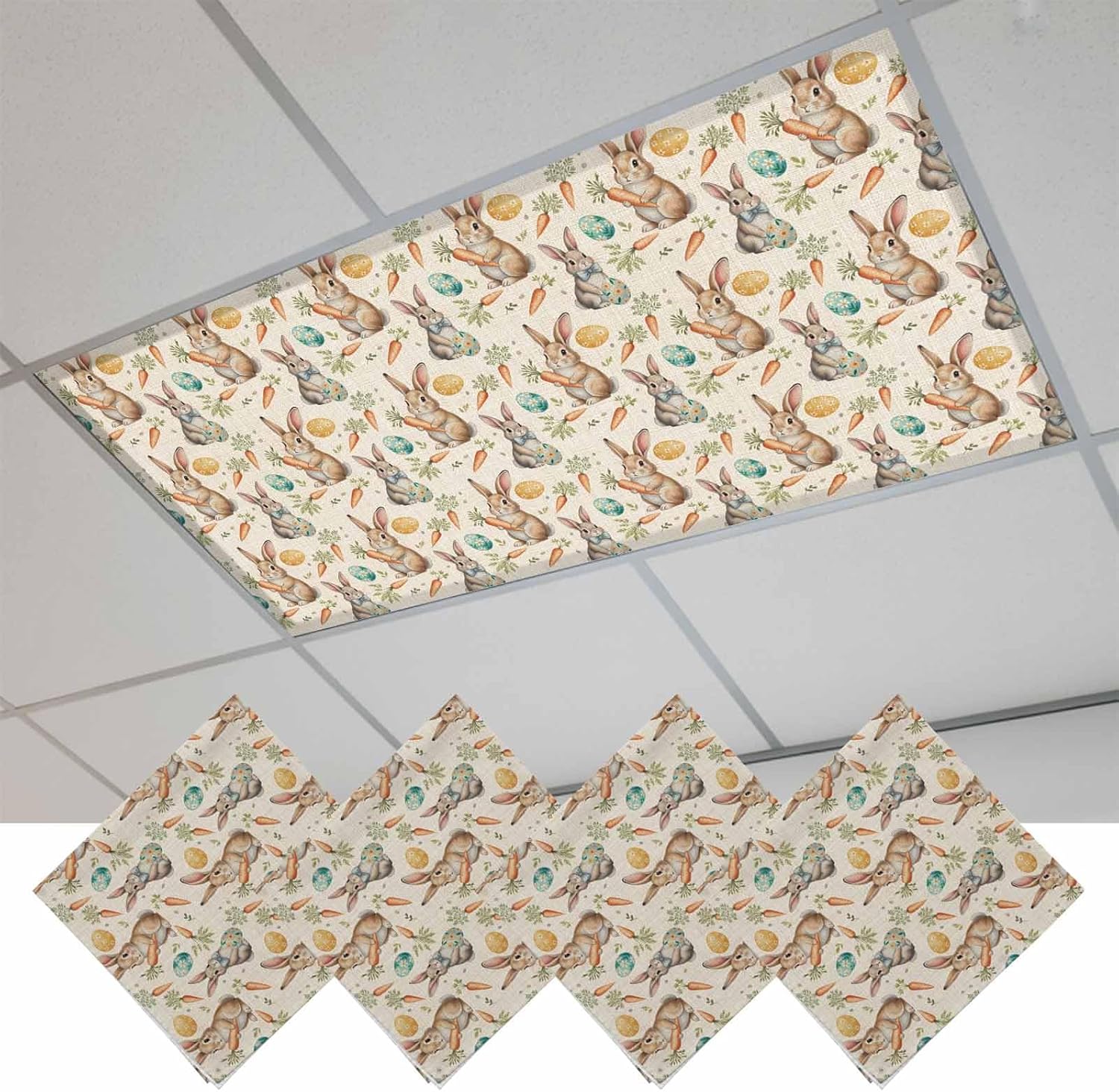 2x4 ft Fluorescent Light Cover for Ceiling Easter Egg Bunny Cartoon Carrot Magnetic Light Filters, Farm Rabbit Retro Linen Ceiling Lampshades for Home School Office 4Pcs