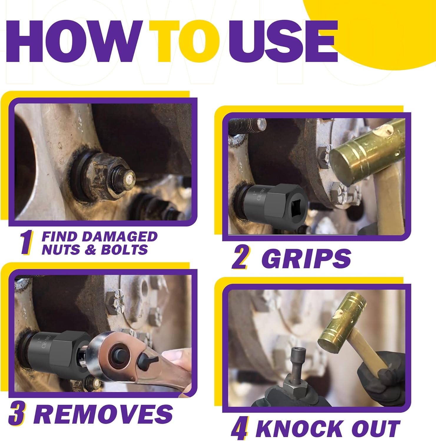 5PCS Bolt Extractor Kit Heavy Duty, 1/2" Drive Impact Lug Nut Remover Tool, Nut Extractor Set Large Size 19-25mm For Removing Stripped, Damaged, Rounded off and Rusted Bolts, Studs