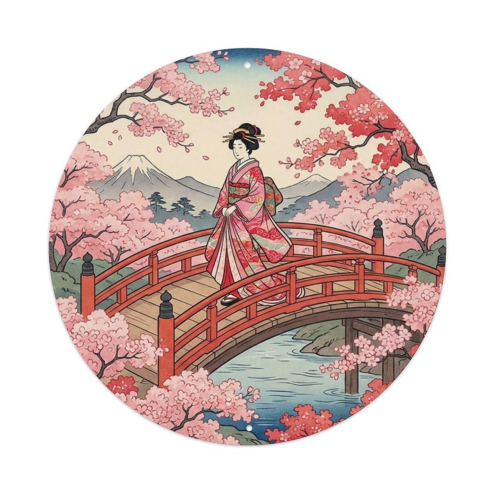 Japanese Geisha Crossing Red Bridge Cherry Blossoms Metal Tin Sign
