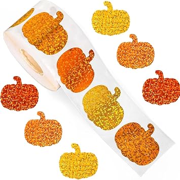 500Pcs Fall Thanksgiving Pumpkin Stickers1in Glitter Pumpkin Paper Decal Holographic Sparkly Sparkly Autumn Self-Adhesive Decorative Stickers Roll for Party Supplies Envelope Journal Decorations