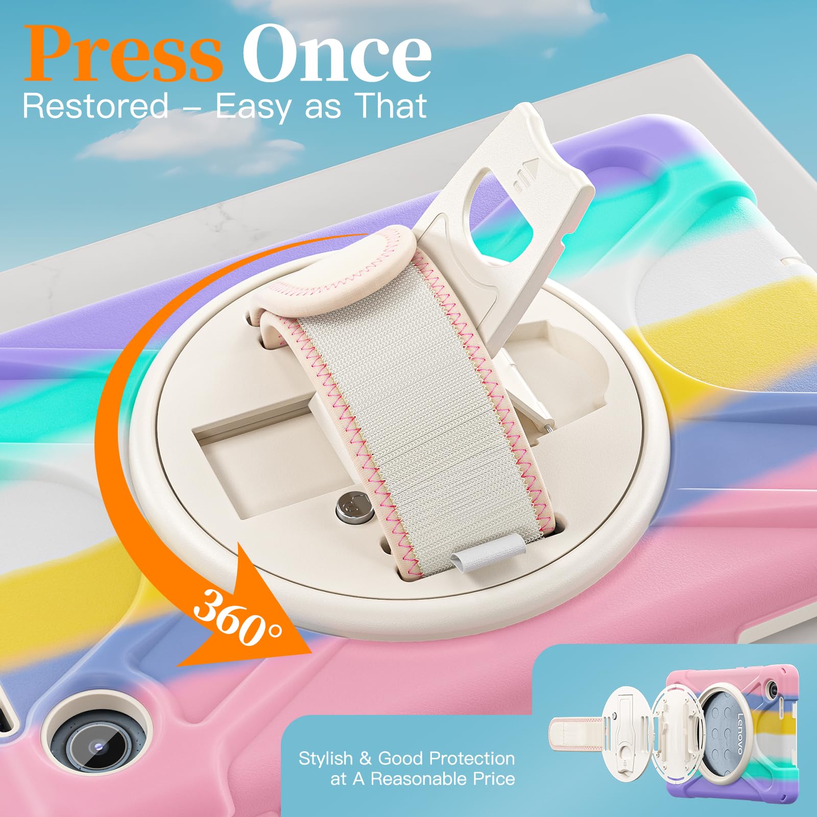 Compatibile con Lenovo Tab One 8.7"/K9 TB305FU (2025), custodia protettiva antiurto di grado militare con supporto da polso e tracolla a prova di caduta con cavalletto girevole (rosa)