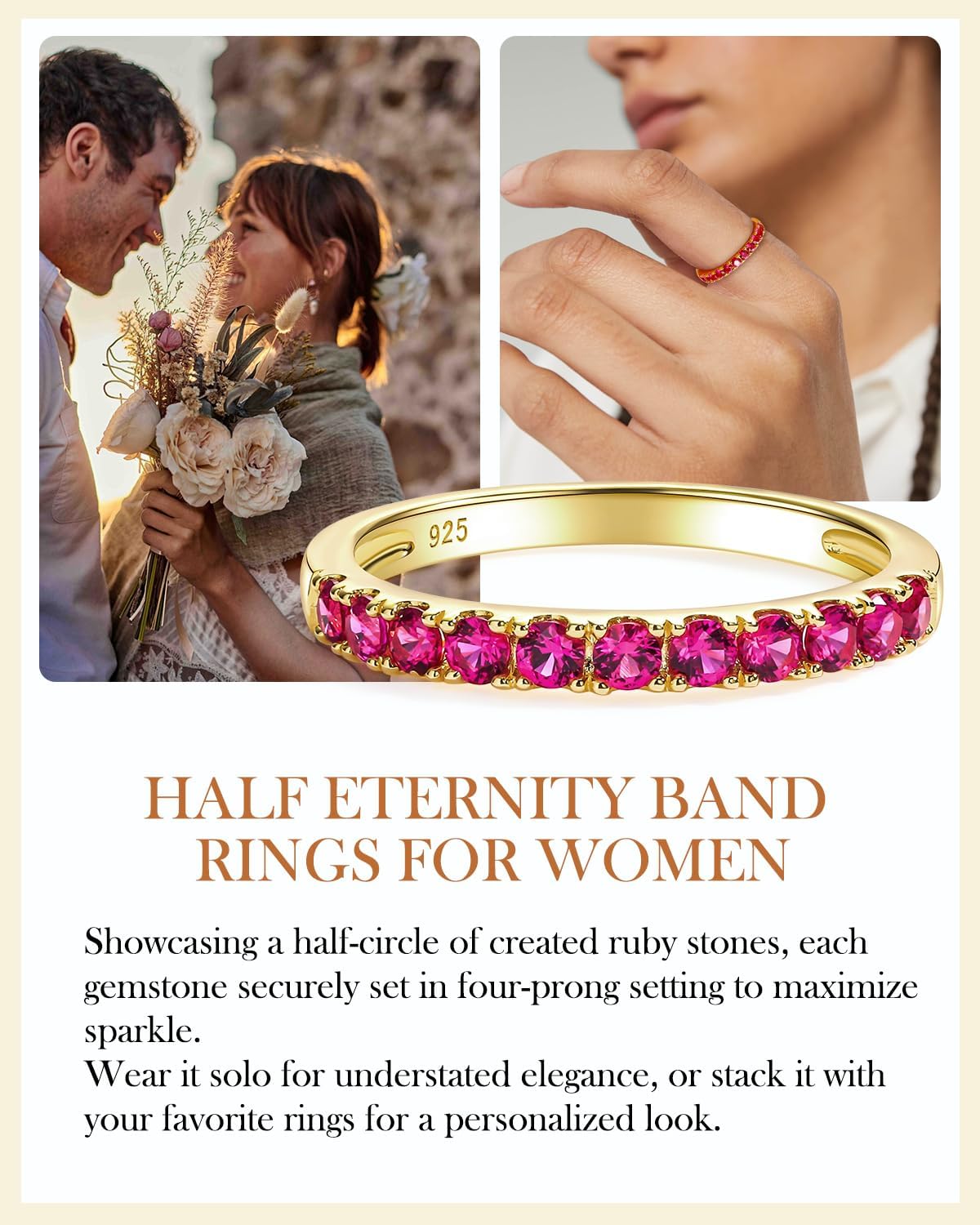 AIBAO Amethyst/Emerald/Ruby/Sapphire/Cubic Zirconia Half Eternity Band Rings for Women Sterling Silver Birthstone Stackable Rings Size 6 to 10 Anniversary Birthday Christmas Jewelry Gift