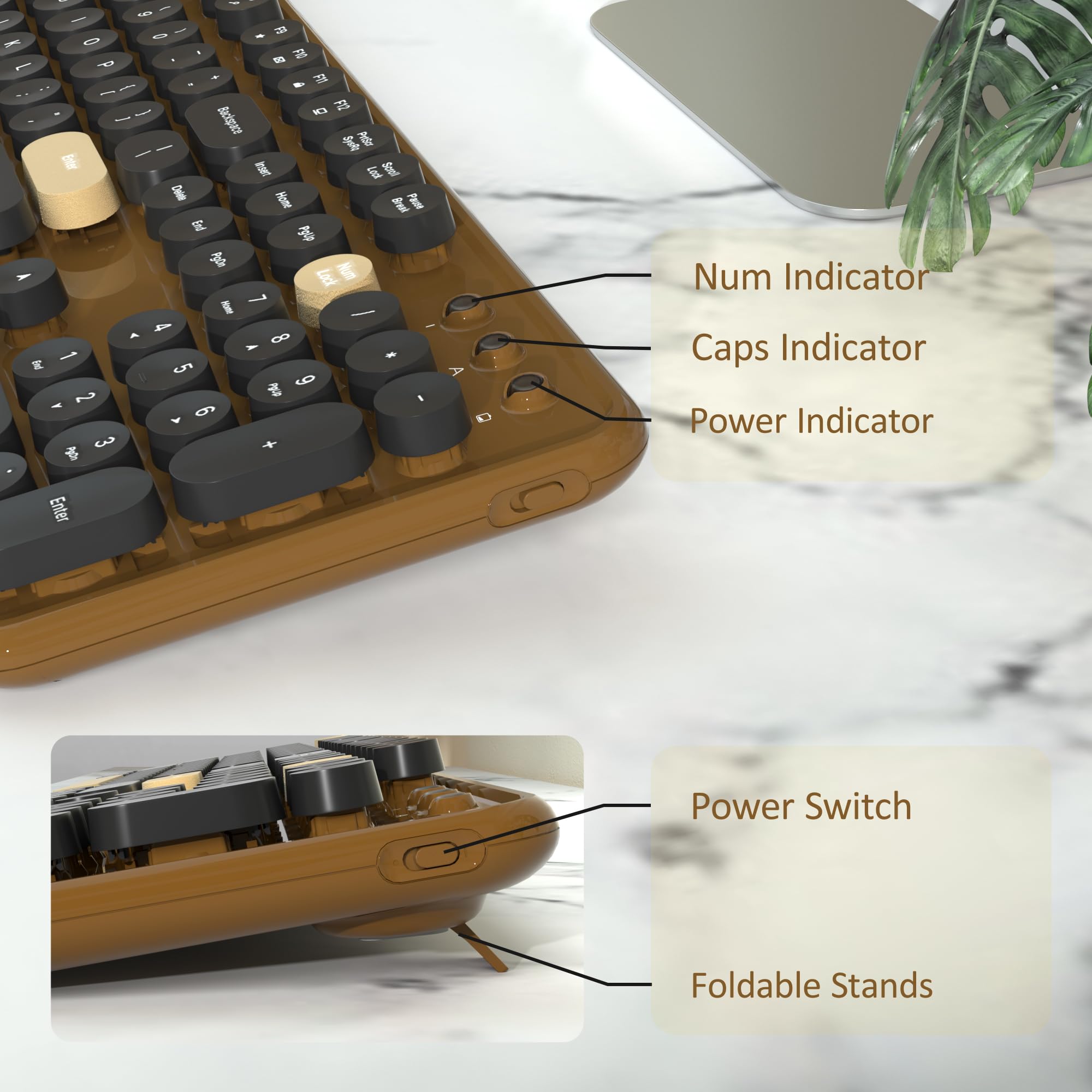 Bezprzewodowe klawiatury komputerowe, kombinacje myszy, kolorowa maszyna do pisania, retro klawiatura z okrągłymi nasadkami klawiszy, zestaw klawiatury i myszy USB 2,4 GHz, pełnowymiarowa